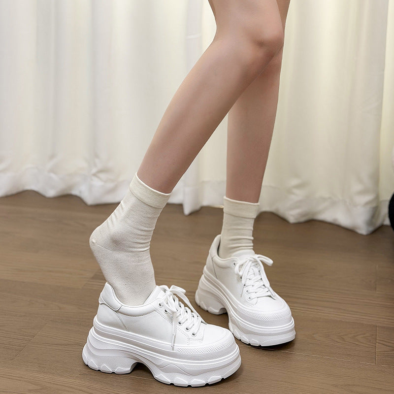 Women's Round Toe Cowhide Platform Height Increasing Super Women's Board Shoes