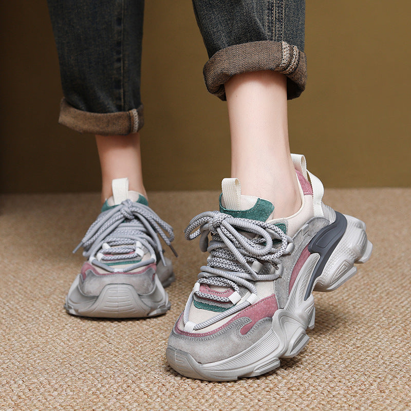 Women's Layer Cowhide Platform Dad Autumn Color Matching Sports Women's Casual Shoes