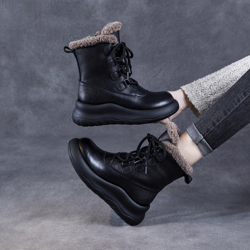 Women's Layer Cowhide Winter Lamb Fleece-lined Thickened Snow Boots