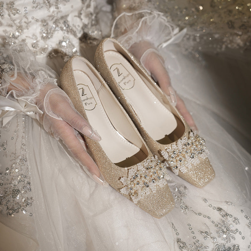 Women's Square Toe Rhinestone Pearl Sequins Thin Glittering Main Wedding Women's Casual Shoes