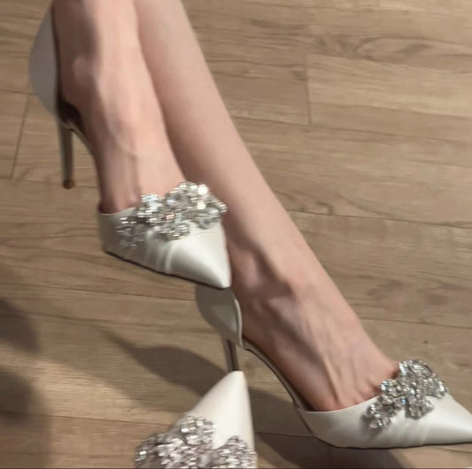 Women's Pointed Toe Shallow Mouth White Niche Wedding Rhinestone Satin Hollow High Heeled Sandals