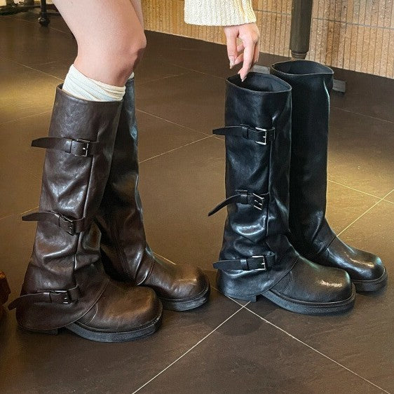 Women's Mid-length Pants Autumn Thick Bottom Pleated Pile Style Western Denim Women's Leather Boots