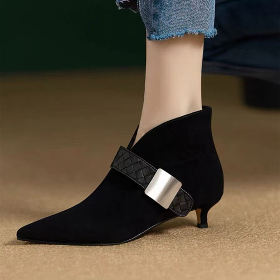 Women's Cat Pointed Toe Booties Soft V Cut Women's Leather Boots