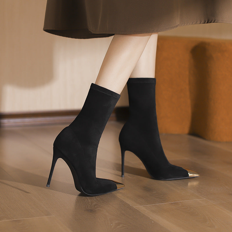Women's Black Short Stiletto Pointed Toe High Metal Boots