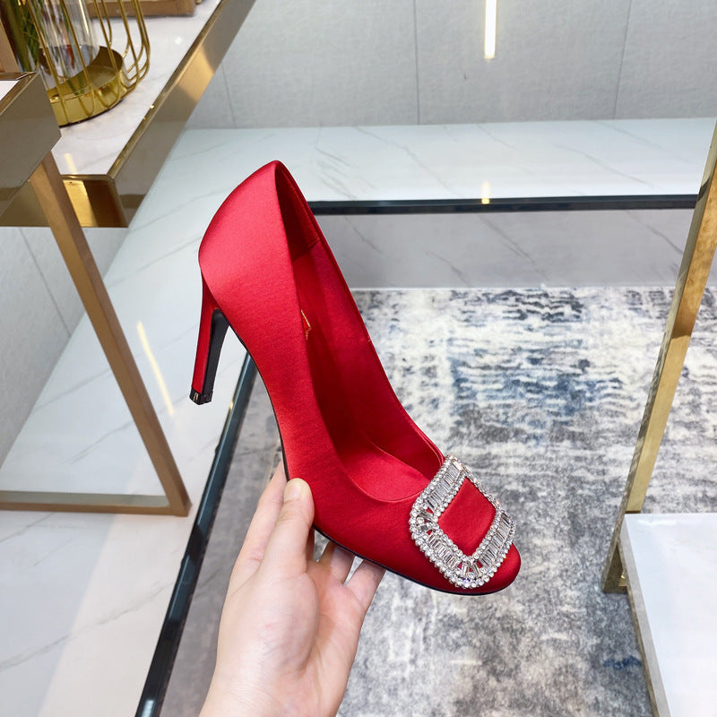 Women's Wang High Stiletto Rhinestone Square Buckle Round Toe Pumps Red Heels