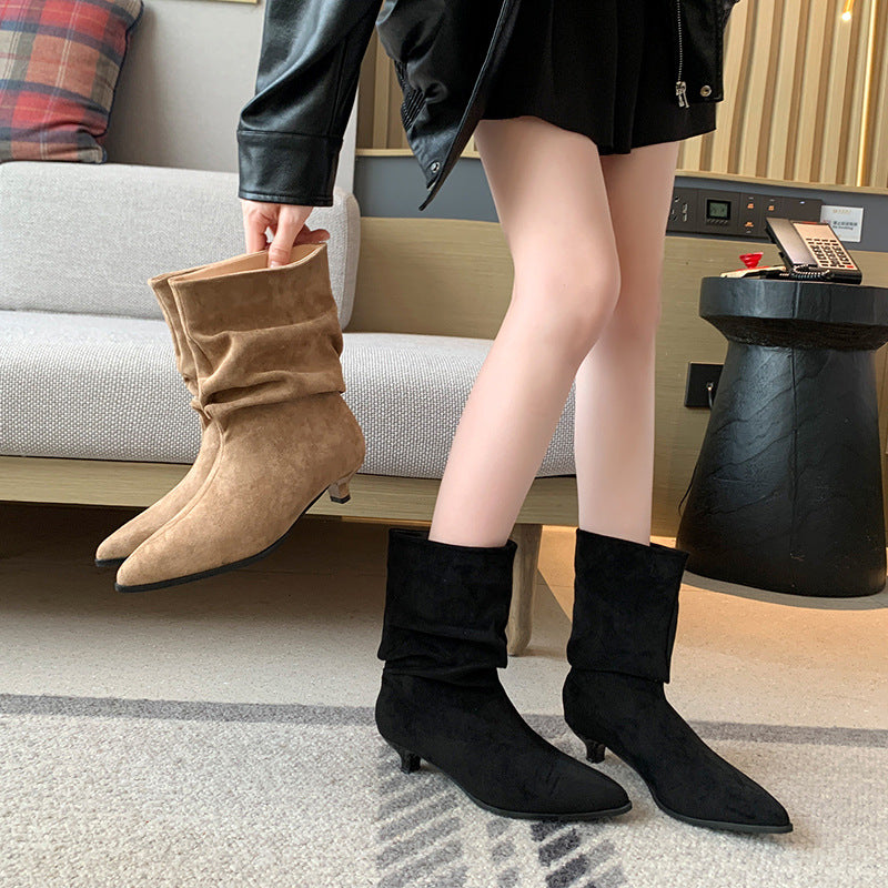 Women's Low Martin Suede Skinny French Booties Pile Men's Shoes