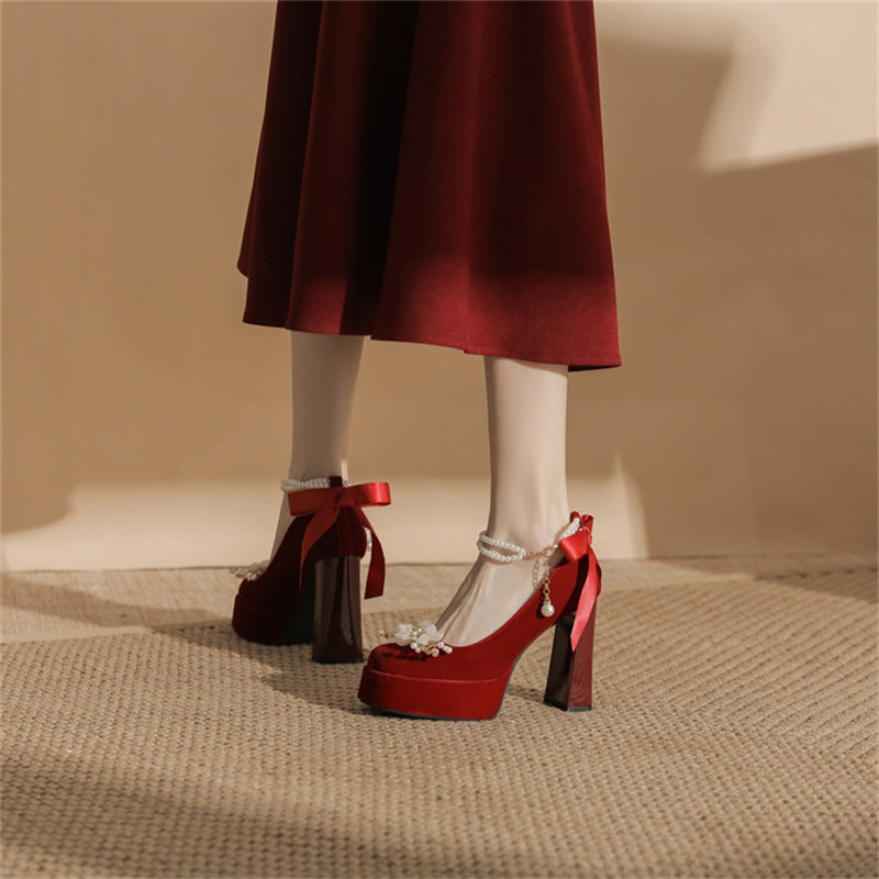 Women's Bride Dress Toasting Red Pearl Decoration Waterproof Heels