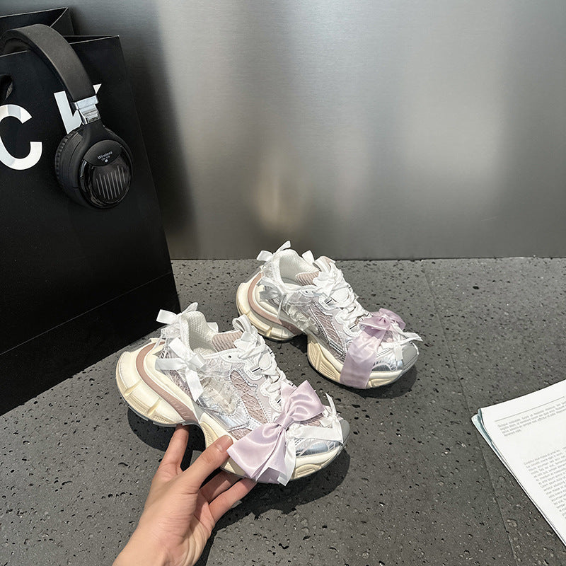 Women's Paris Lace Bow Half Dad Distressed Platform Height Sneakers
