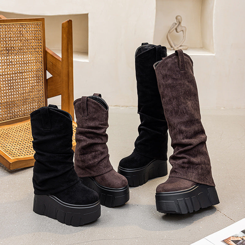 Thick Bottom Ruffle Pantyhose Suede Height Increasing Insole Pile Style Women's Leather Boots