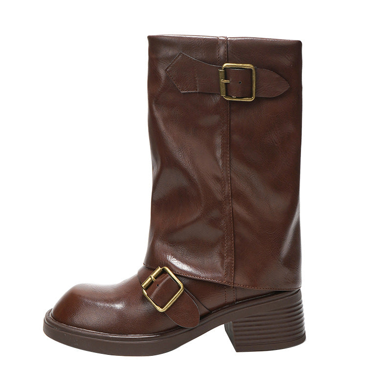 Pleated Pile Style Martin Motorcycle Round Head Boots