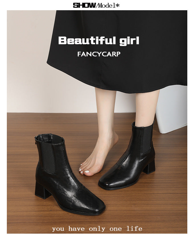 Women's Plus Size Chunky Retro British Style Thick Thin Women's Leather Boots