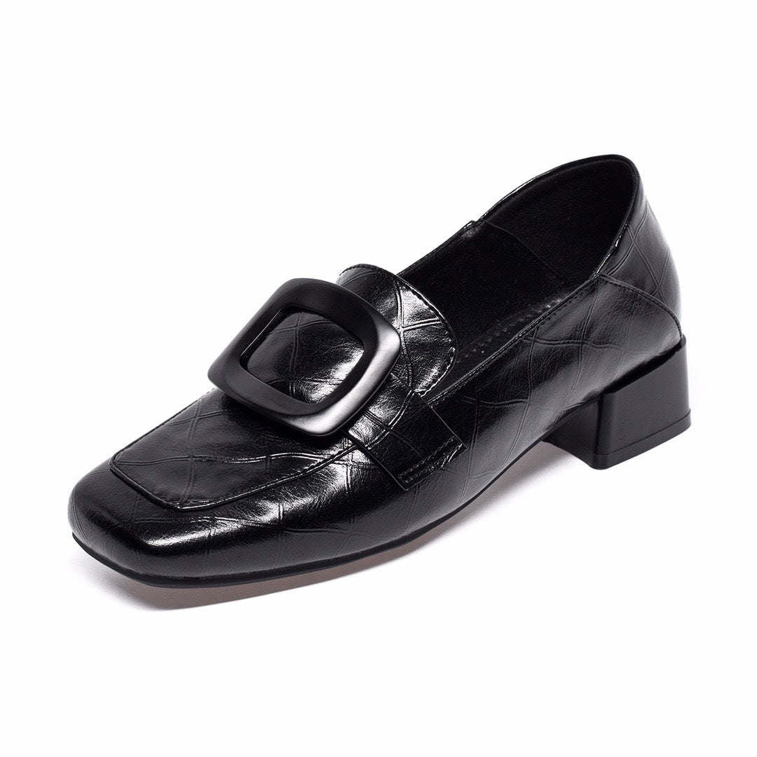 Women's Soft Cattlehide Square Buckle Chunky Autumn Toe Slip-on Comfortable Women's Fashion Shoes