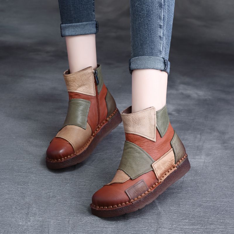 Ethnic Style Personality Handmade Retro Patchwork Ankle Women's Leather Boots