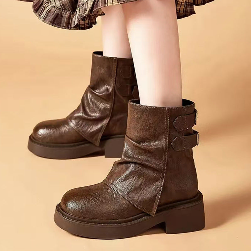 Women's British Style Short Pleated Knight Platform Pantyhose Pile Women's Casual Shoes