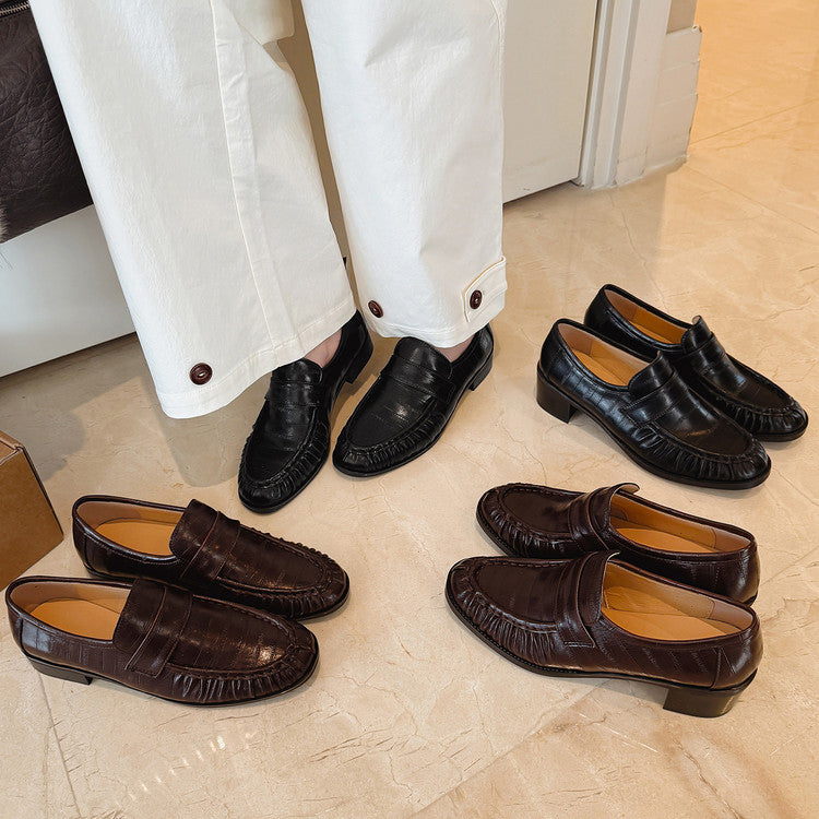 Women's Spring Genuine Inside Outside Round Toe Slip-on Thick Mid Deep Loafers
