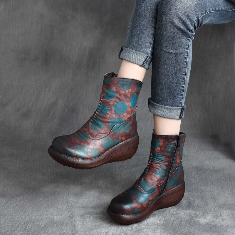 Thick Bottom Wedge Color Matching Side Zipper Women's Leather Boots