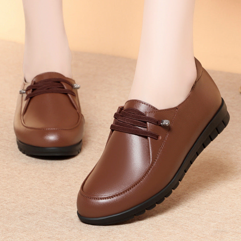 Mom Pumps Large Size Flat Bottom Leather Shoes