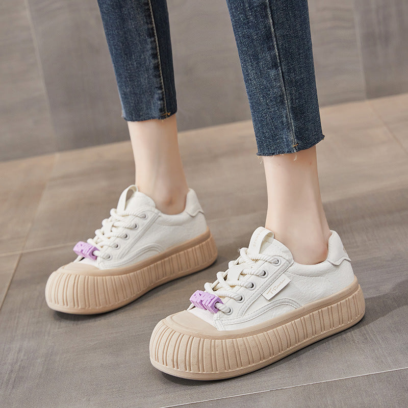 Women's Genuine Live White Spring Versatile Platform Muffin Sneakers