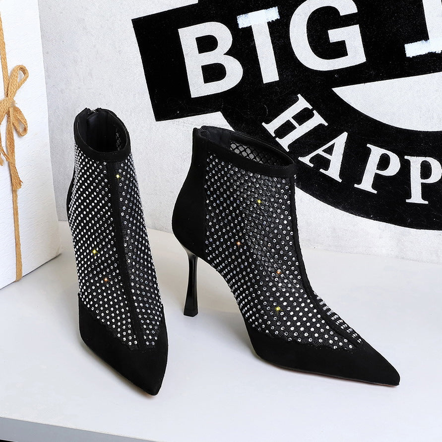 Women's Suede Stitching Mesh Rhinestone Back Zipper Fashion Stiletto Pointed Toe Women's Leather Boots