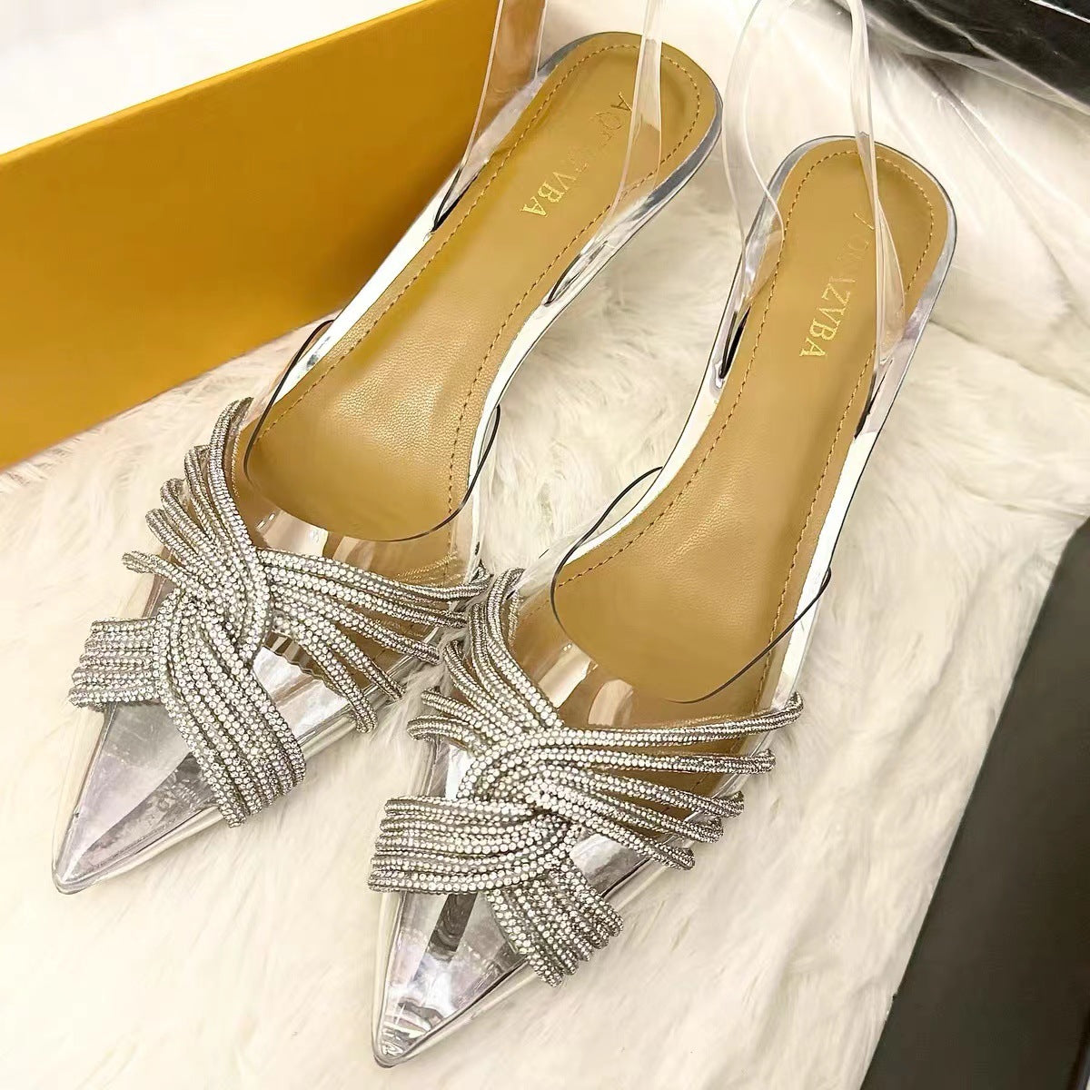 Sier Closed Toe Cross Rhinestone High Transparent Heels