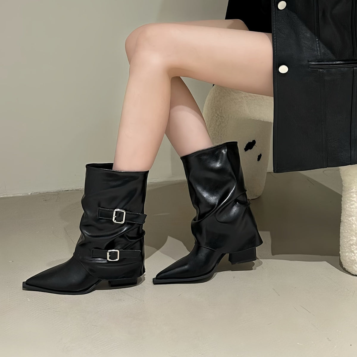 Women's Skinny For Thick Pleated Pile Style Women's Leather Boots
