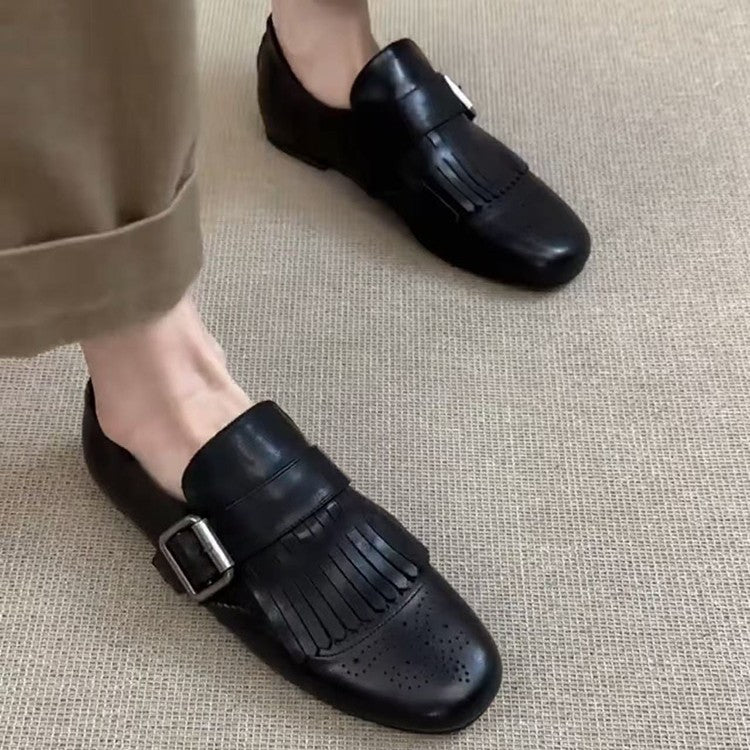 Women's Tassel Embroidery Flat Black Versatile Small Belt Loafers