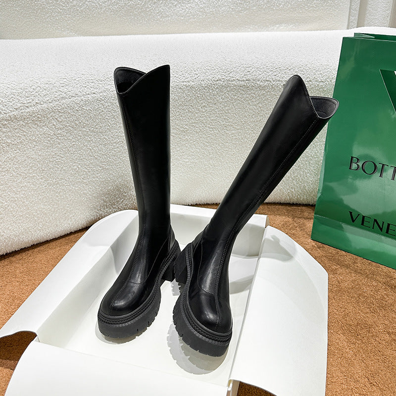 Female Brown Thick Sole Knight Below The Knee Boots