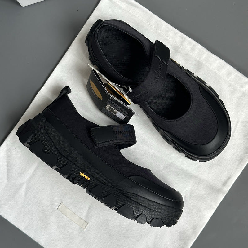 Thick Bottom Mary Jane Little Man Gospel Black Velcro Outdoor Women's Casual Shoes