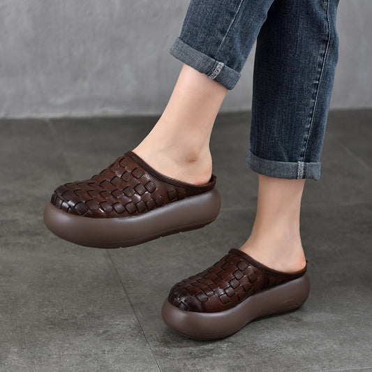 Women's Cowhide Vintage Hand-woven Closed Toe Light Outer Wear Thick Bottom Heels