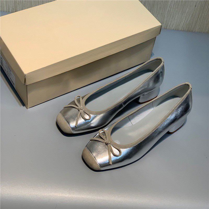 Women's Shallow Mouth Mid Round Head Genuine Bow Women's Shoes