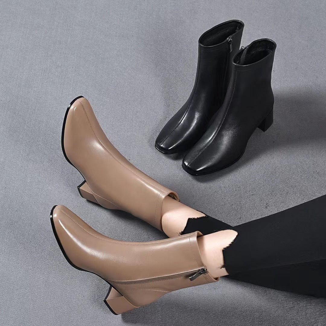 Women's Sheepskin Buskin Square Toe Genuine Soft Mid Chunky Back Zipper Heels