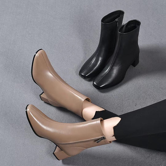 Women's Sheepskin Buskin Square Toe Genuine Soft Mid Chunky Back Zipper Heels