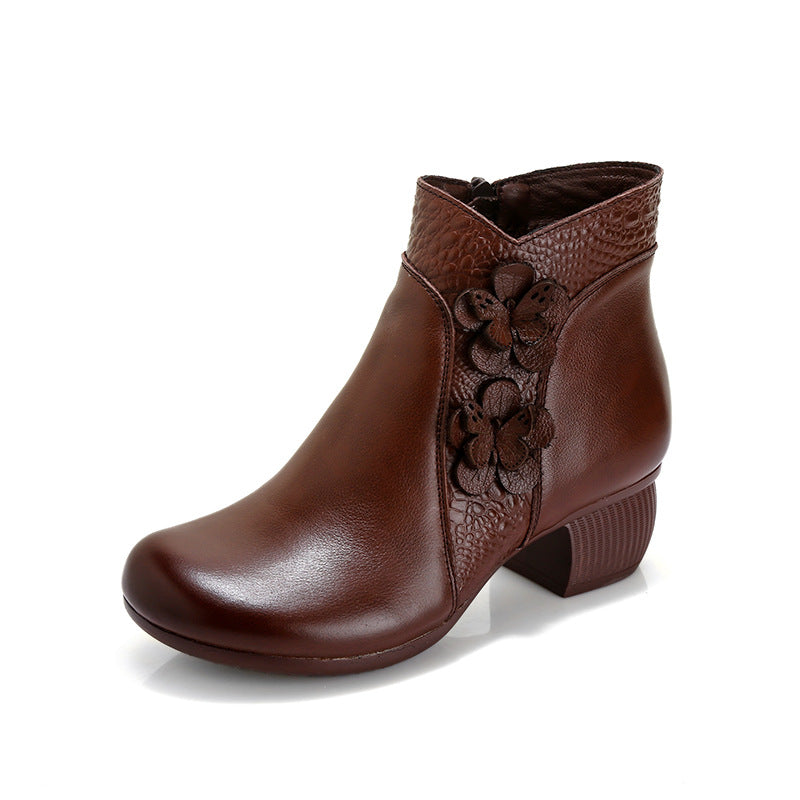Women's Surface Cattlehide Fashion Medium Chunky Flower Women's Shoes