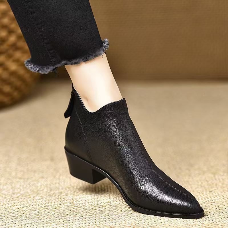 Women's French Sheepskin Pointed Ankle Chunky Mid Rear Zipper Boots