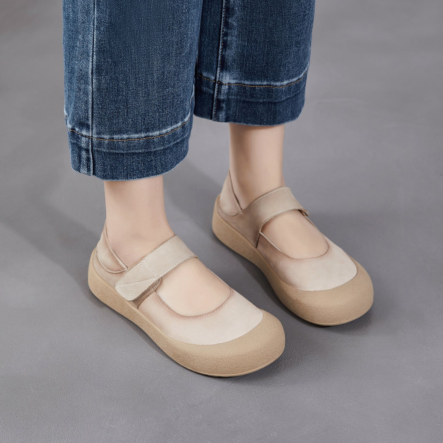 Women's Spring Word With Velcro Mary Jane Shallow Mouth Flat Women's Casual Shoes