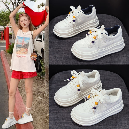 Women's Platform White Round Toe Lace Up Heightened Small Skate Sneakers
