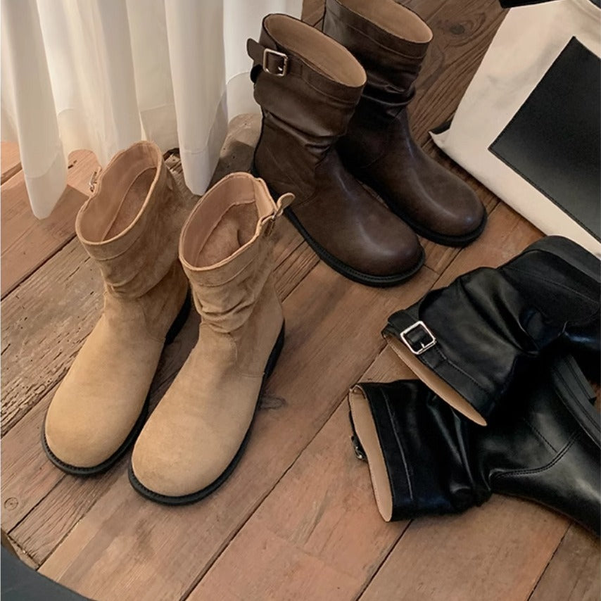 Women's Toe Pleated Suede Chunky Platform Pile Low Cut Short Women's Leather Boots