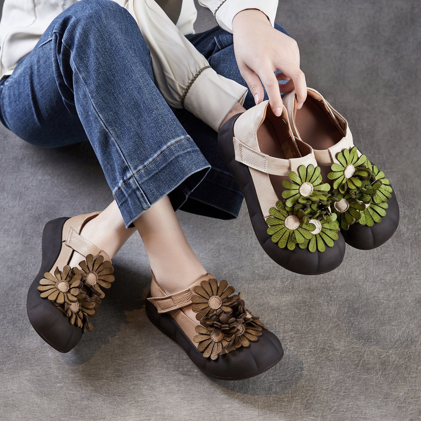 Women's Top Layer Cowhide Platform Flowers Mary Jane Ethnic Style Retro Men's Shoes