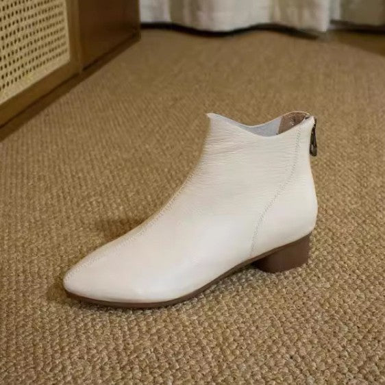 Women's White Chunky Ankle French Style Temperament Pointed Toe Women's Leather Boots
