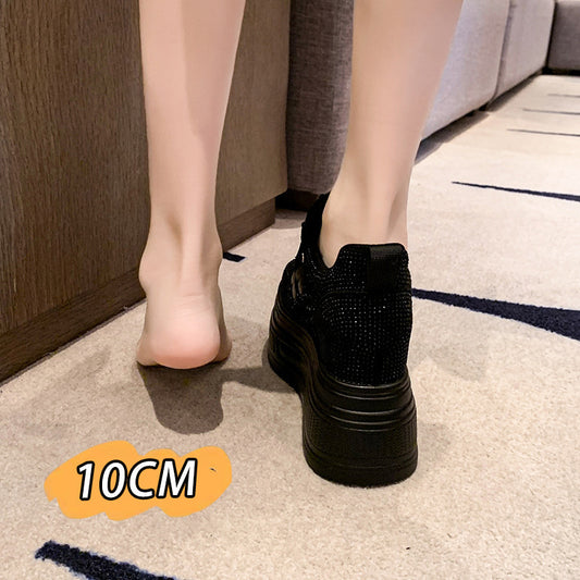 Women's White Rhinestone Single Mesh Height Increasing Insole Women's Casual Shoes