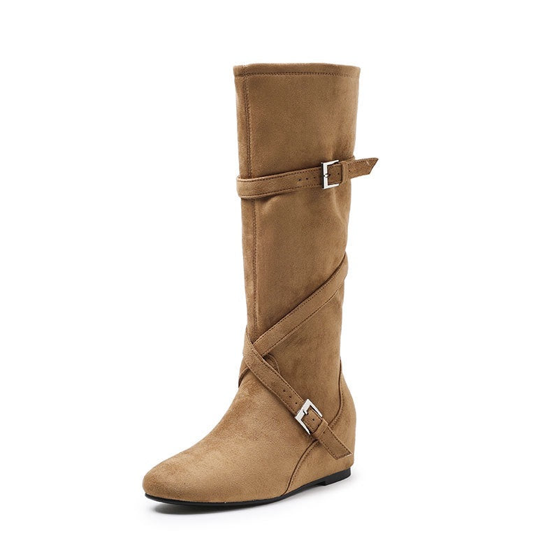 Increasing Korean Round Head Buckle Soft Pleated High Female Women's Leather Boots