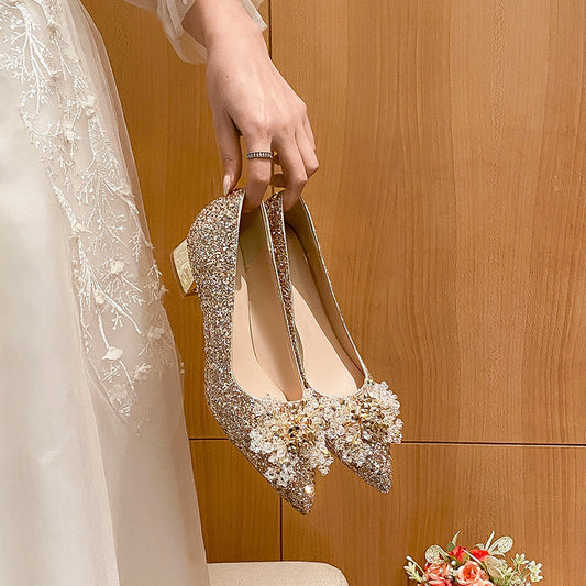 Red Paillette Wedding Bridal With Evening Dress Pointed Toe Women's Fashion Shoes