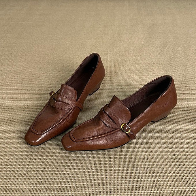 Women's Version Low Elegant Authentic French Style Commuter Slip-on Leather Shoes