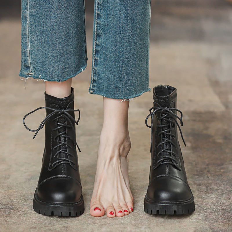 Women's Small Thick Bottom Eight Holes British Style Ankle Invisible Women's Leather Boots