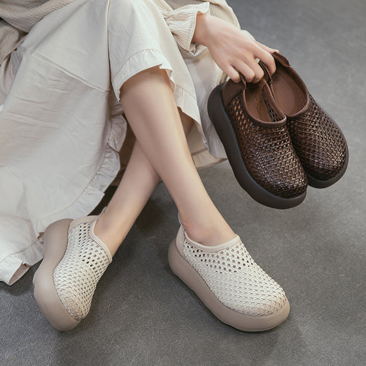 Women's Breathable Woven First Layer Cowhide Simple Platform Sandals