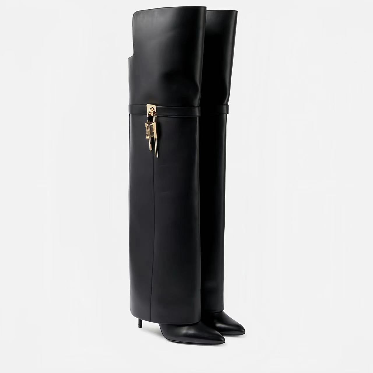 Women's Model Style Pantyhose Pointed Metal Buckle Skirt Stiletto Women's Leather Boots