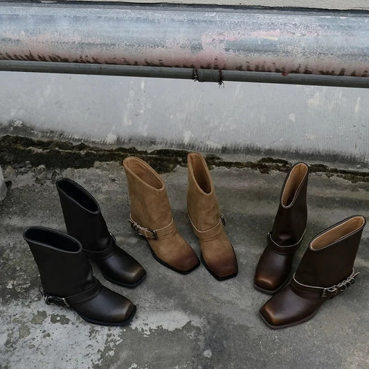 Square Toe Distressed Metal Library Tube Boots