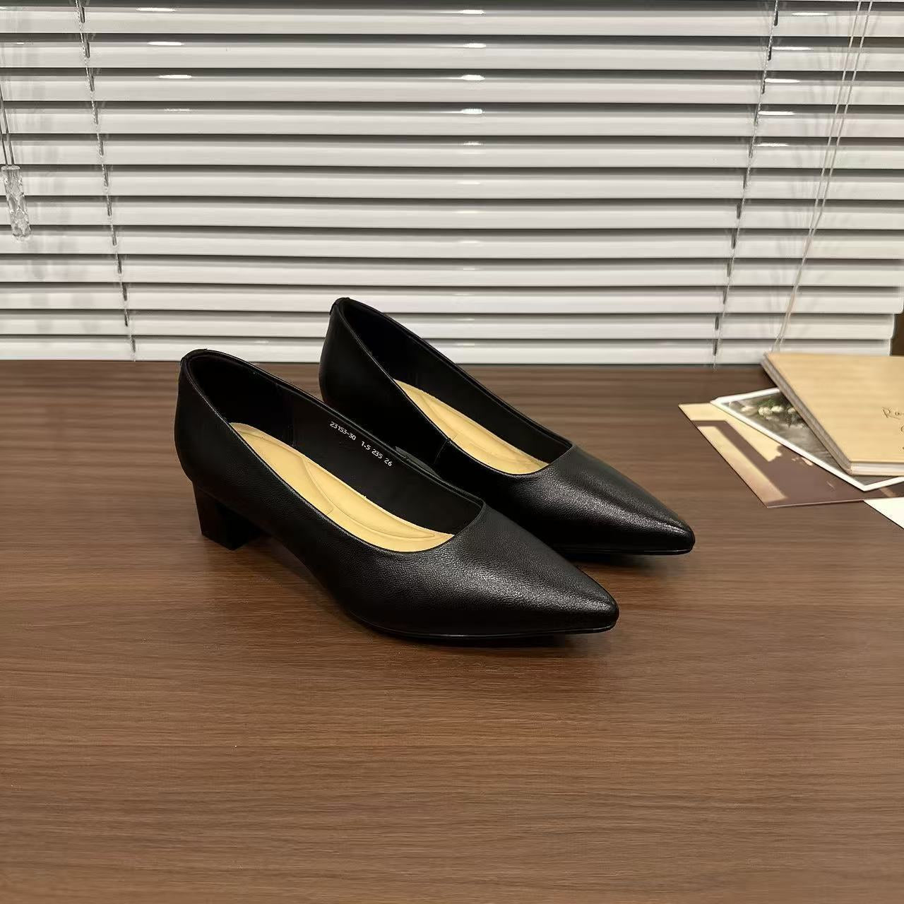 Spring Genuine Pointed Toe Chunky Low-cut Simple French Women's Fashion Shoes