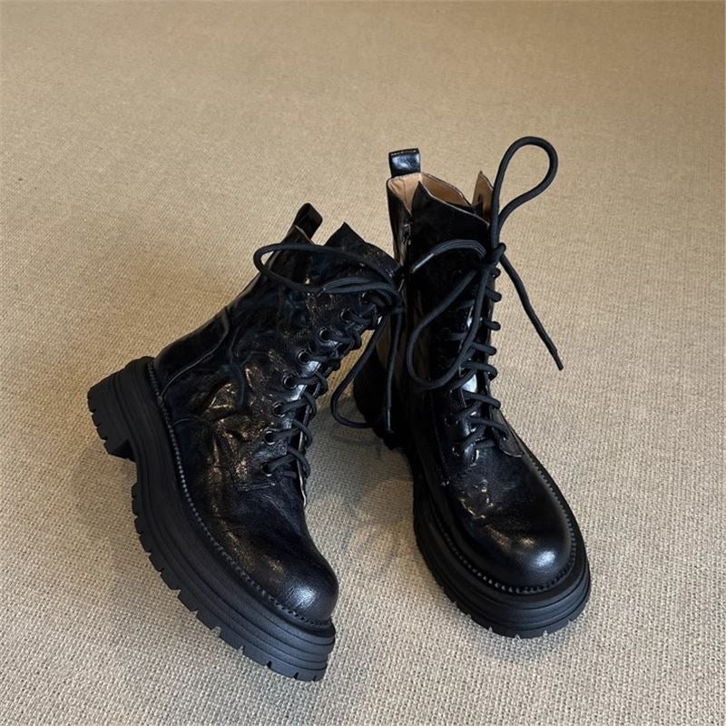 Women's Heavy Super Easy To Wear Soft Platform Ankle British Women's Leather Boots