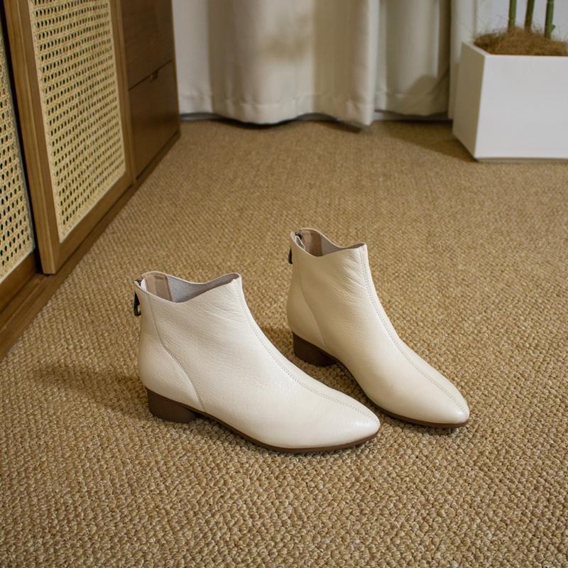 Women's White Chunky Ankle French Style Temperament Pointed Toe Women's Leather Boots